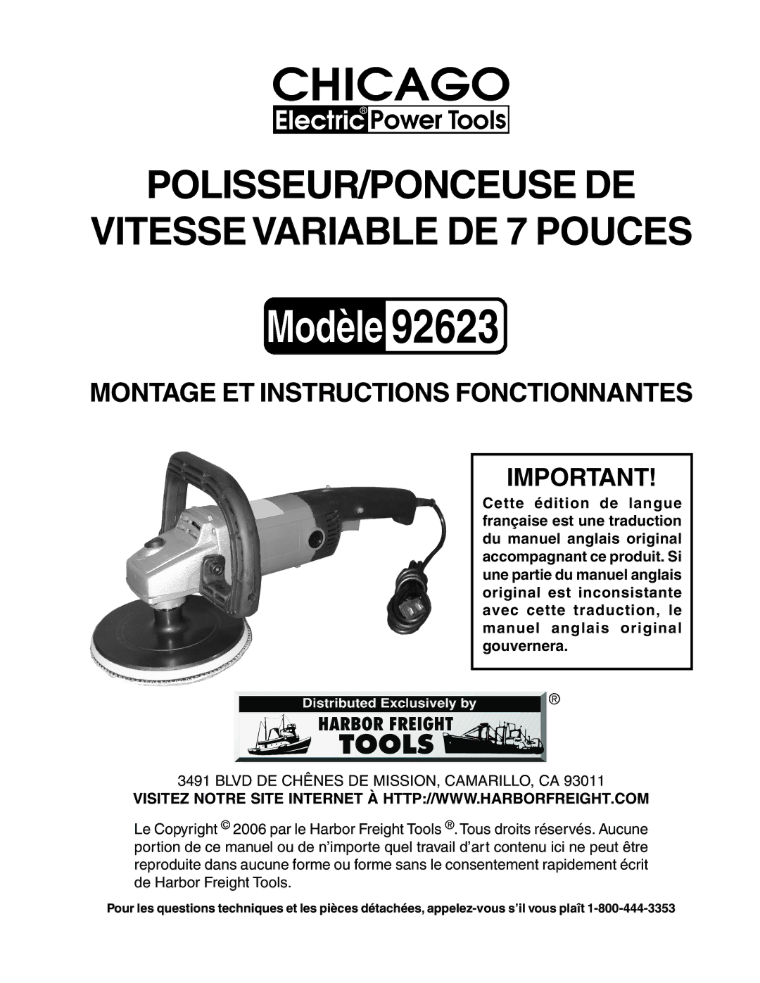 Harbor Freight Tools 92623 operating instructions POLISSEUR/PONCEUSE DE Vitesse Variable DE 7 Pouces 