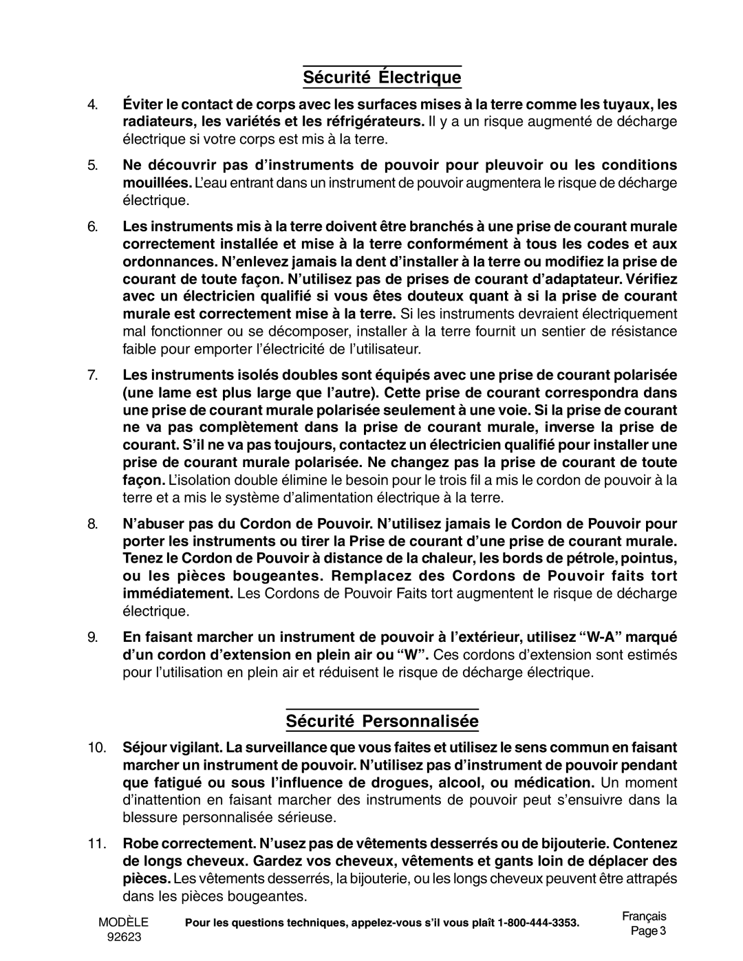 Harbor Freight Tools 92623 operating instructions Sécurité Électrique, Sécurité Personnalisée 