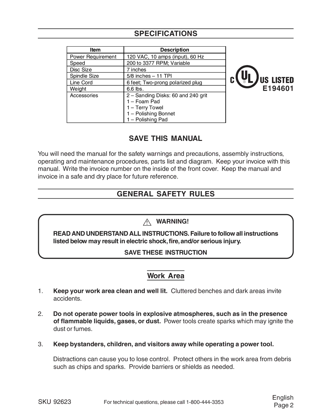 Harbor Freight Tools 92623 Specifications, E194601, Save this Manual, General Safety Rules, Work Area 