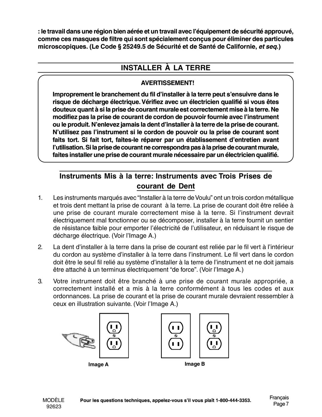 Harbor Freight Tools 92623 operating instructions Installer À LA Terre 