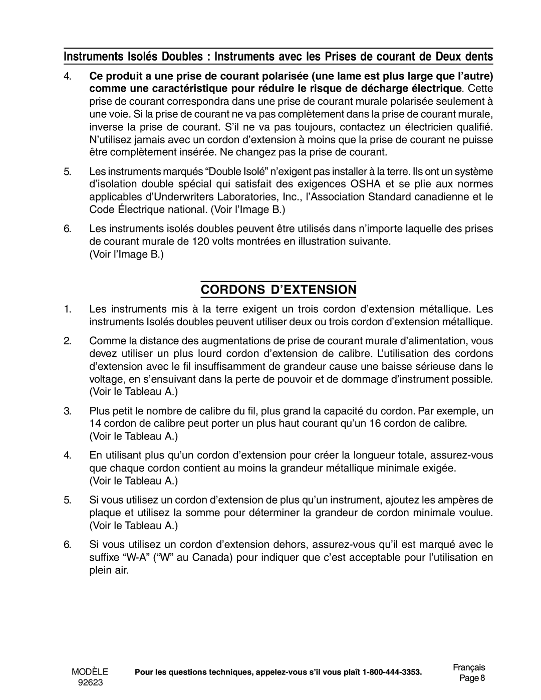 Harbor Freight Tools 92623 operating instructions Cordons D’EXTENSION 