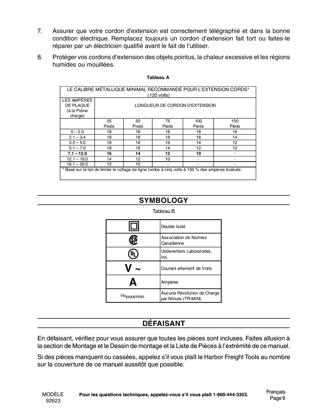 Harbor Freight Tools 92623 operating instructions Défaisant, Tableau a 