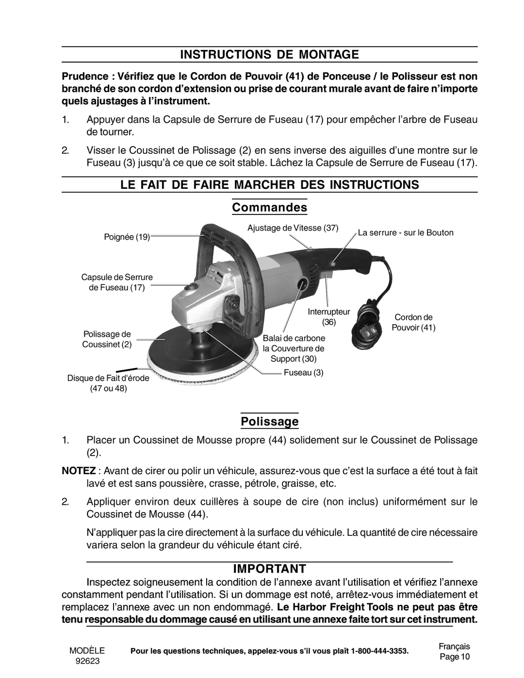 Harbor Freight Tools 92623 Instructions DE Montage, LE Fait DE Faire Marcher DES Instructions, Commandes, Polissage 