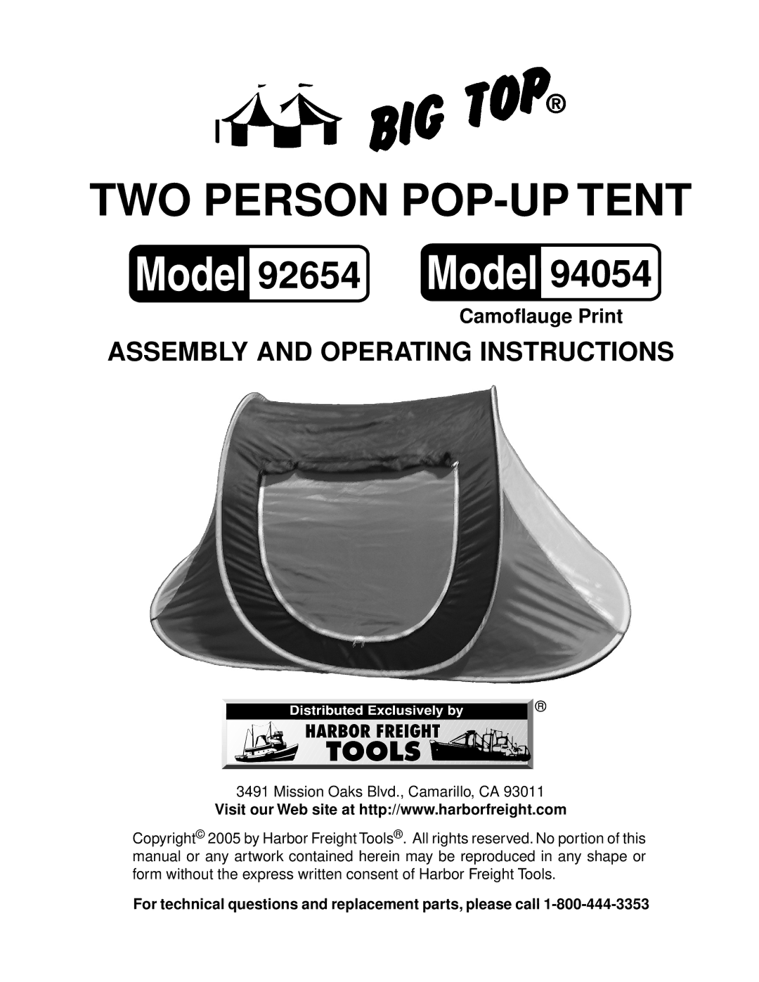 Harbor Freight Tools 94054, 92654 operating instructions TWO Person POP-UP Tent 