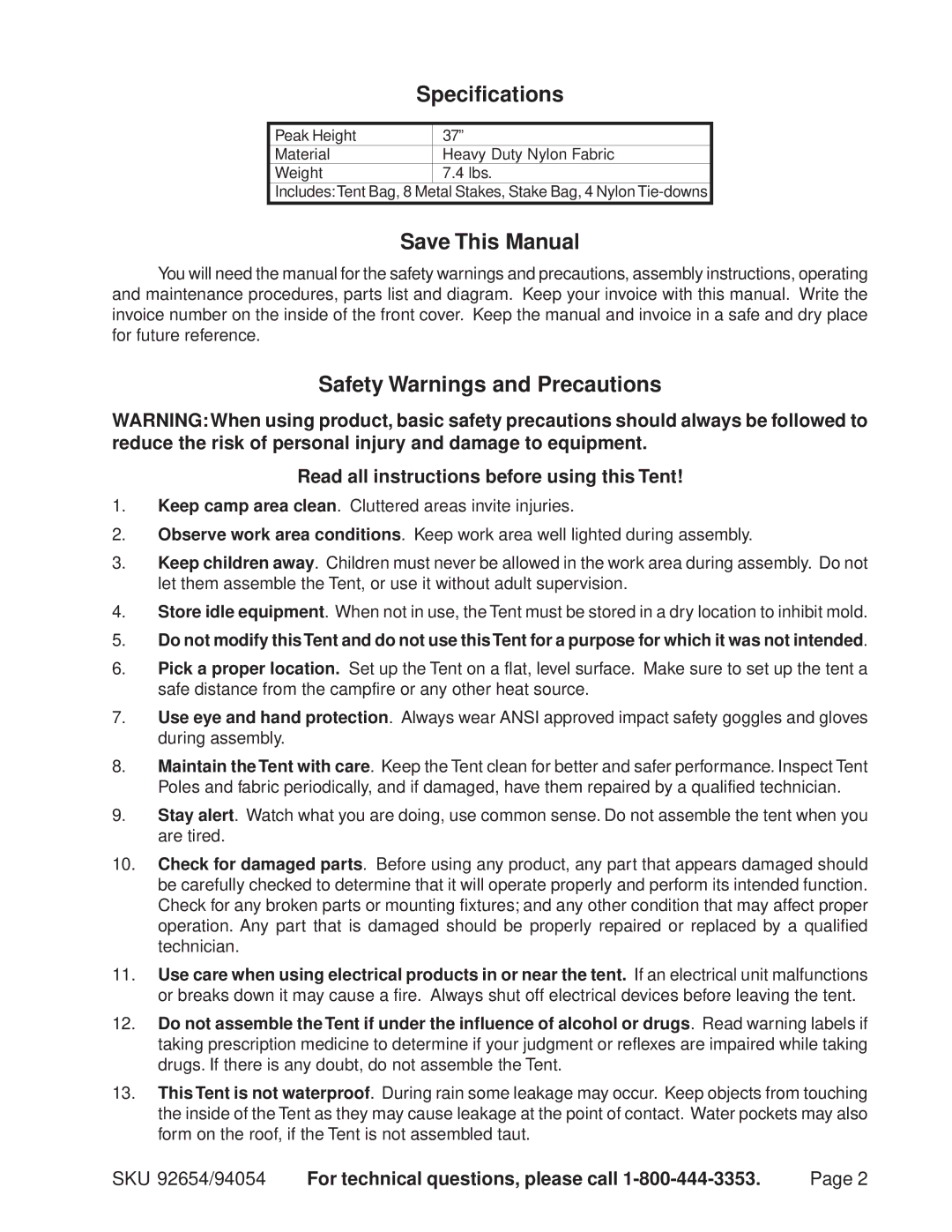 Harbor Freight Tools 92654, 94054 operating instructions Specifications, Save This Manual, Safety Warnings and Precautions 