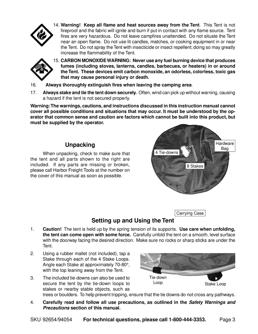 Harbor Freight Tools 94054, 92654 operating instructions Unpacking, Setting up and Using the Tent 