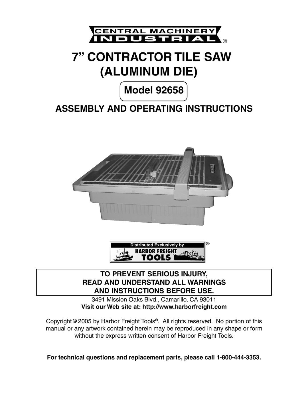 Harbor Freight Tools 92658 operating instructions Contractor Tile SAW Aluminum DIE 