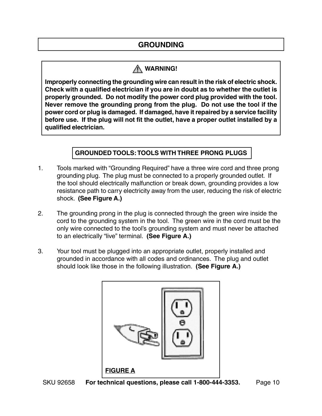 Harbor Freight Tools 92658 operating instructions Grounding, Grounded Tools Tools with Three Prong Plugs 