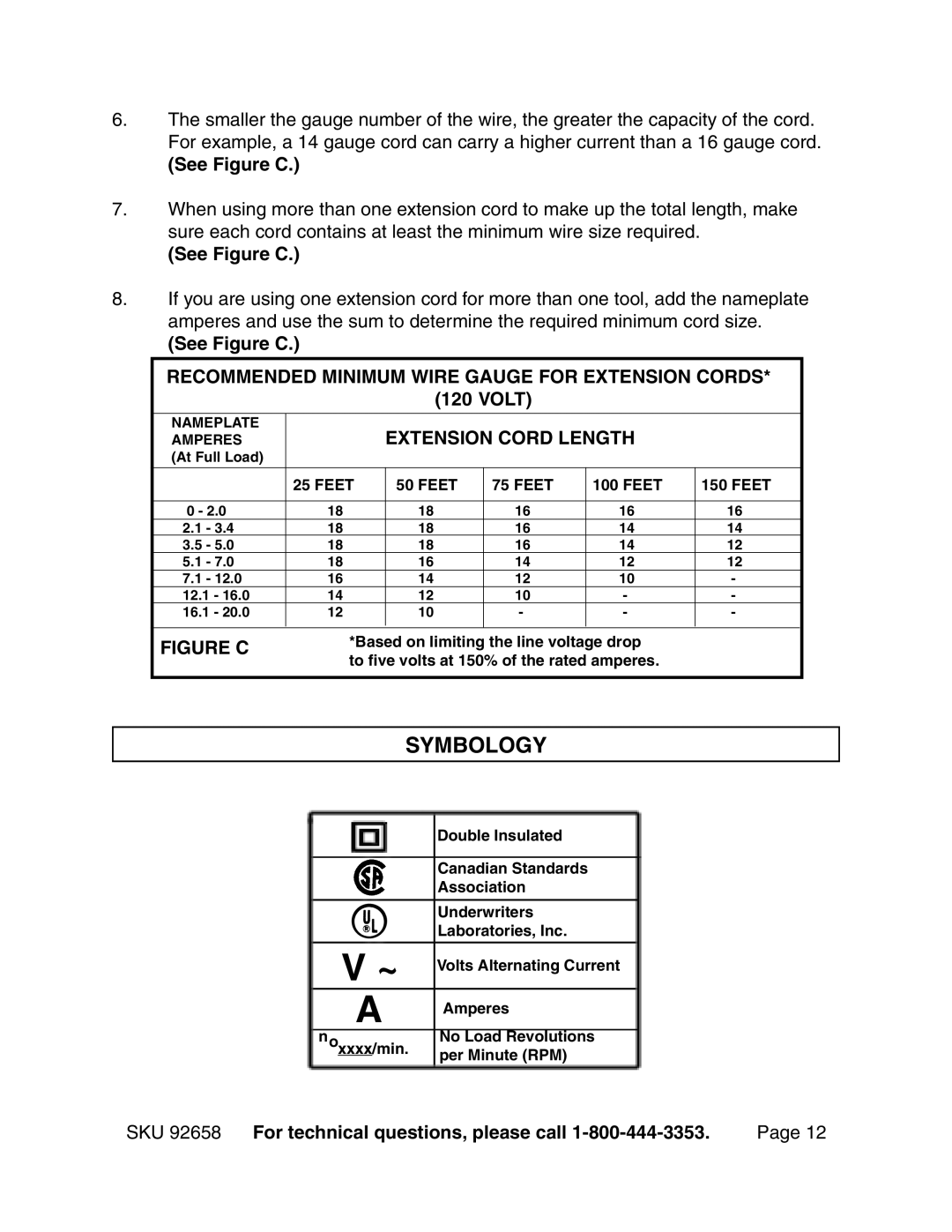 Harbor Freight Tools 92658 operating instructions Symbology, See Figure C, Extension Cord Length 