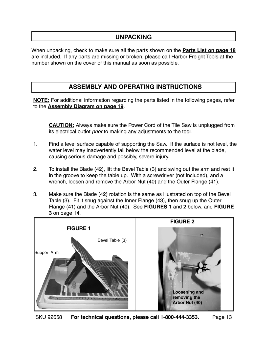 Harbor Freight Tools 92658 operating instructions Unpacking, Assembly and Operating Instructions 