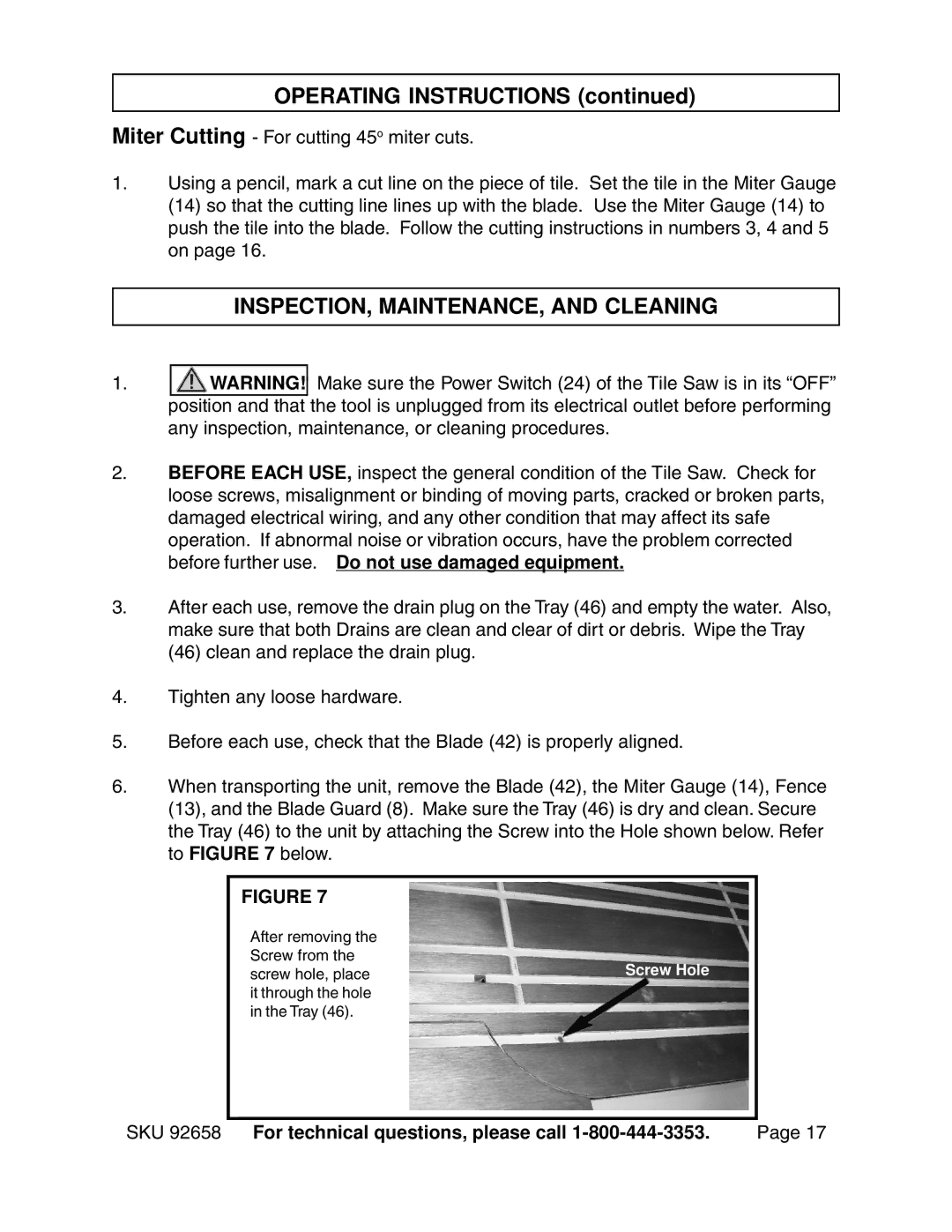 Harbor Freight Tools 92658 operating instructions Operating Instructions, INSPECTION, MAINTENANCE, and Cleaning 