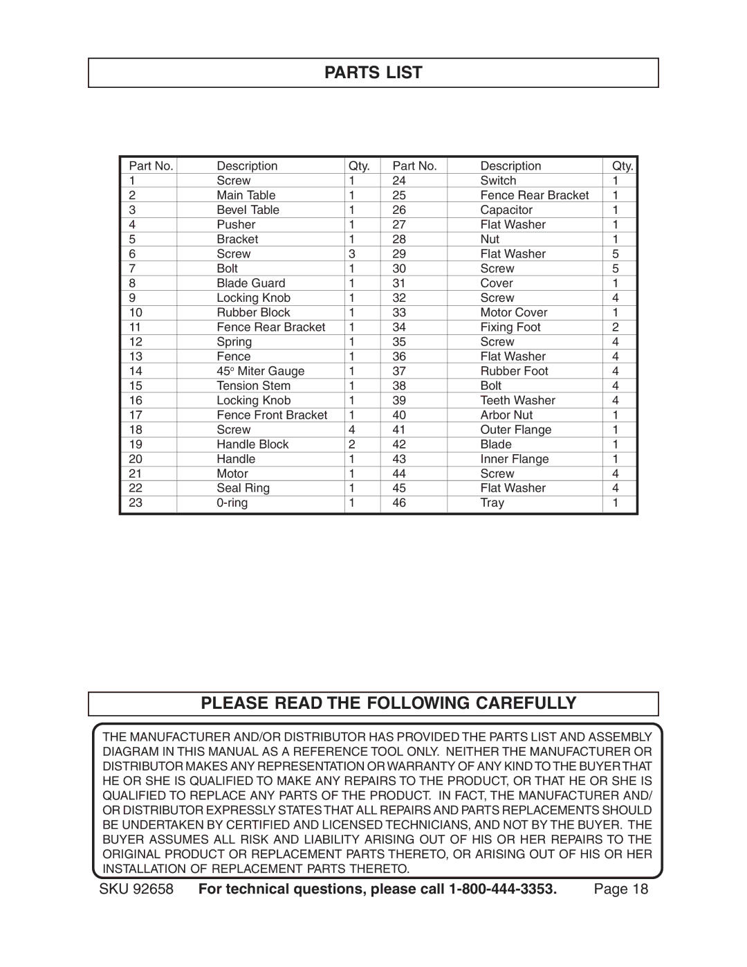 Harbor Freight Tools 92658 operating instructions Parts List, Please Read the Following Carefully 