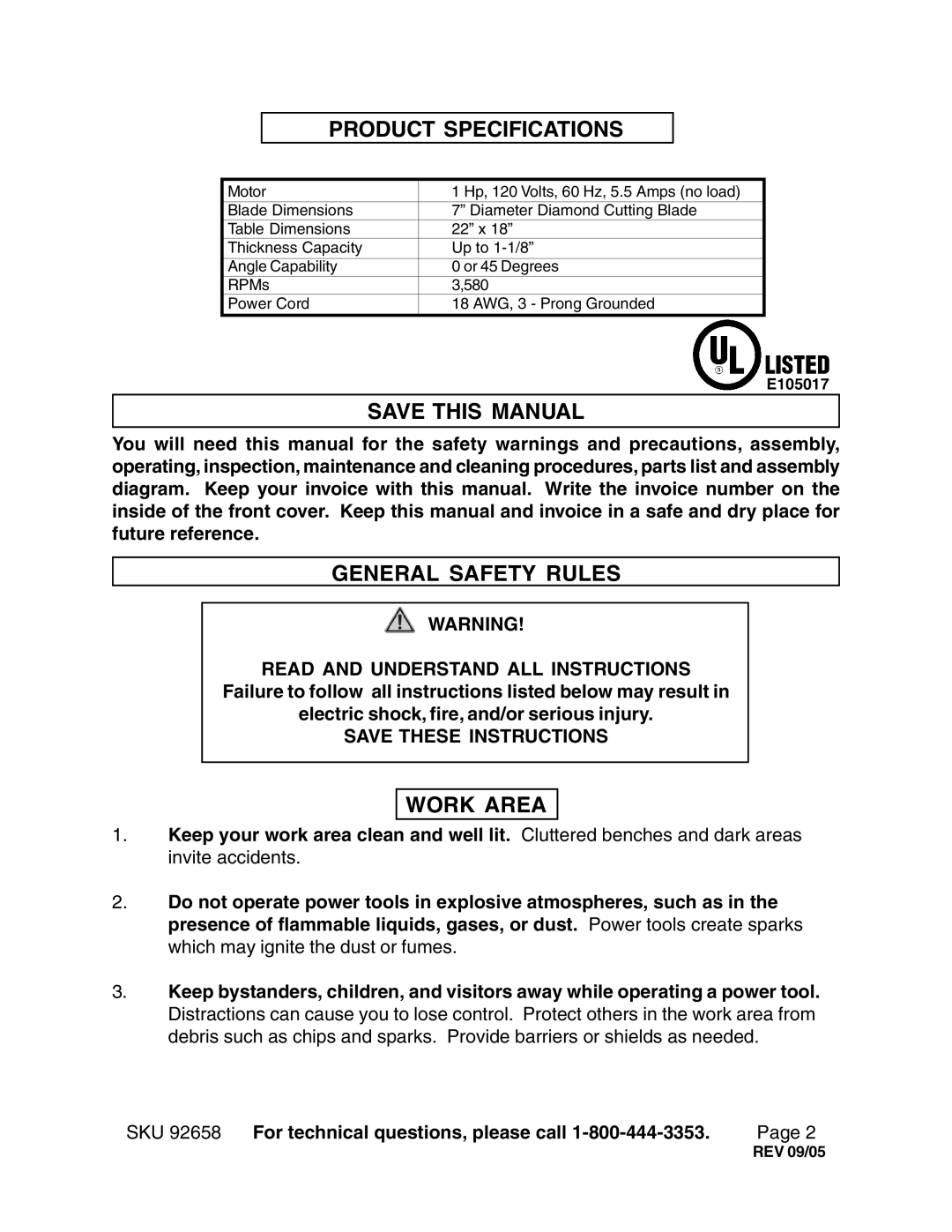 Harbor Freight Tools 92658 operating instructions Product Specifications, Save this Manual, General Safety Rules, Work Area 