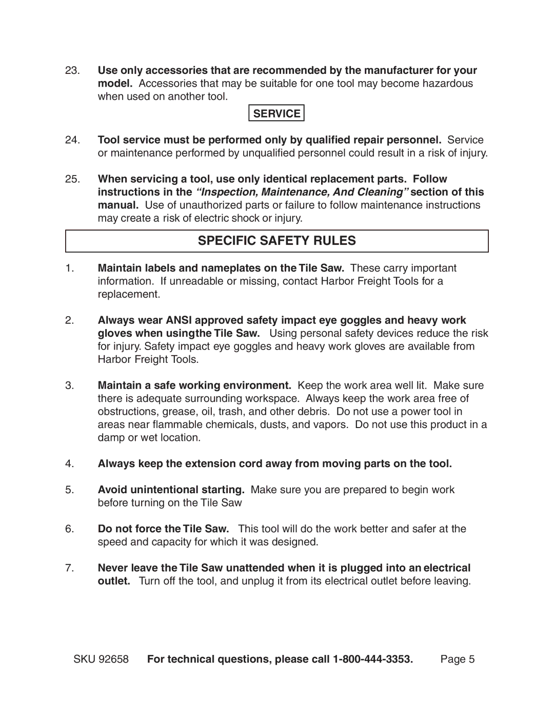 Harbor Freight Tools 92658 operating instructions Specific Safety Rules, Service 