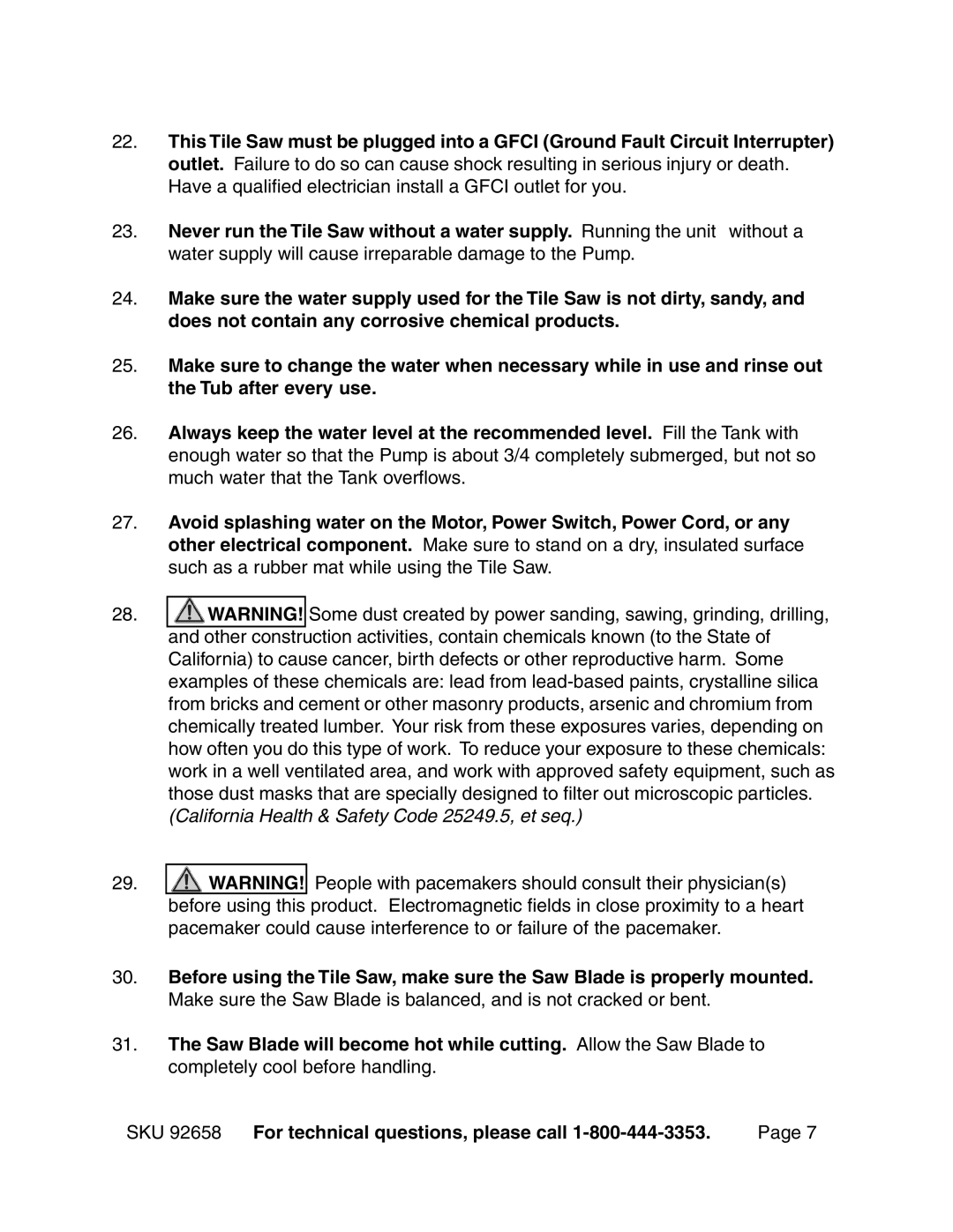 Harbor Freight Tools operating instructions SKU 92658 For technical questions, please call 