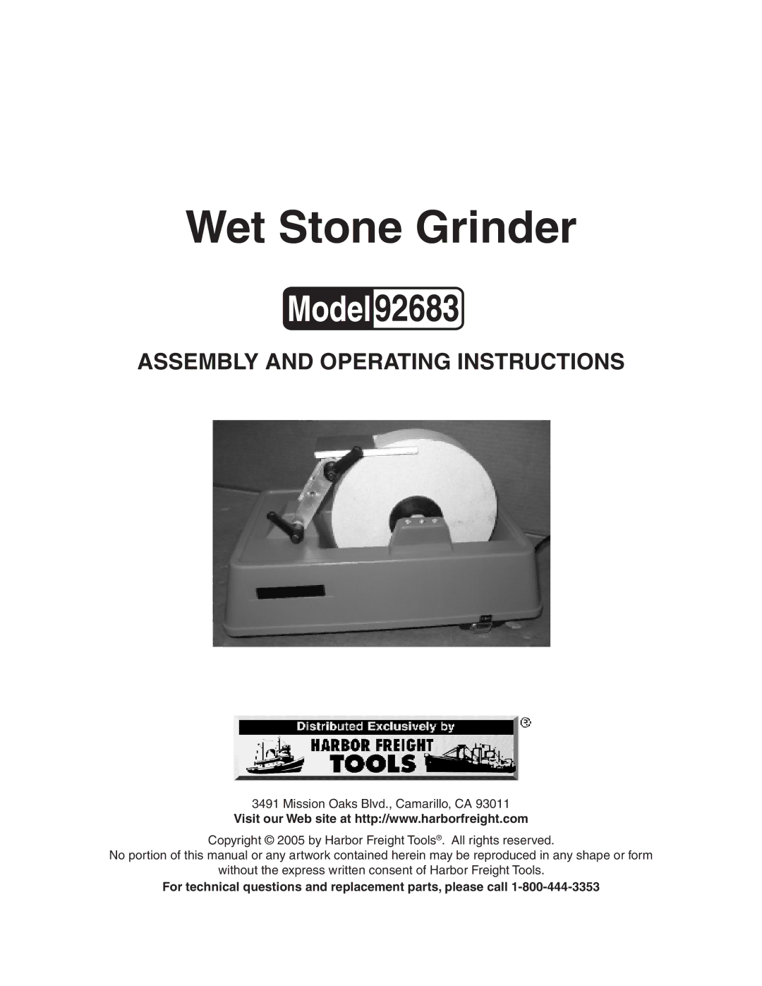 Harbor Freight Tools 92683 operating instructions Wet Stone Grinder 