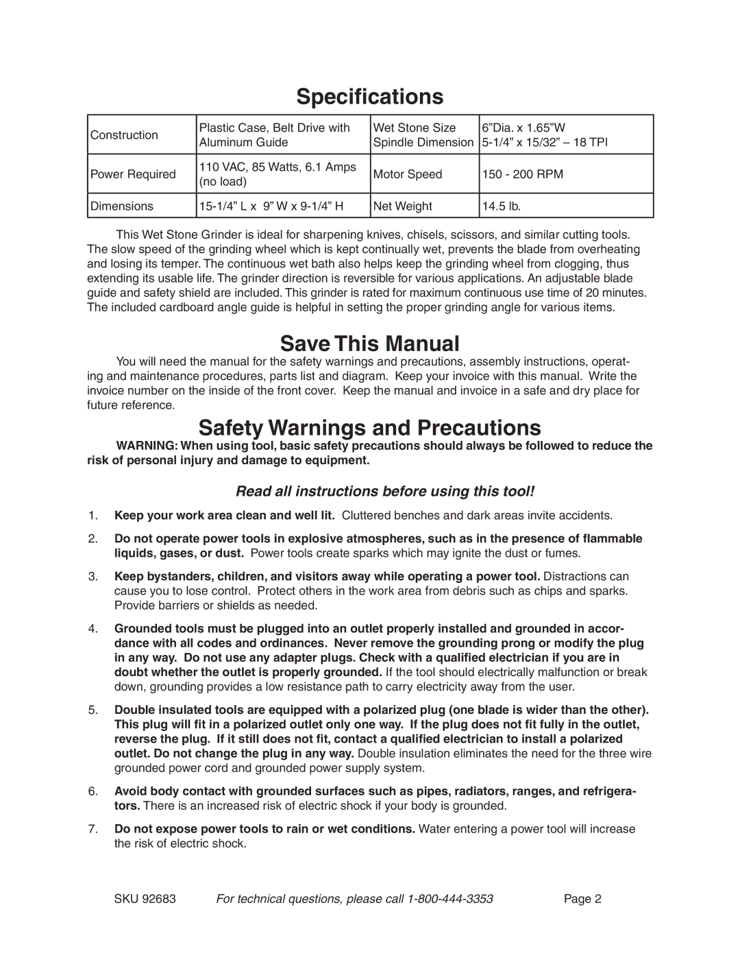 Harbor Freight Tools 92683 operating instructions Specifications, Save This Manual, Safety Warnings and Precautions 