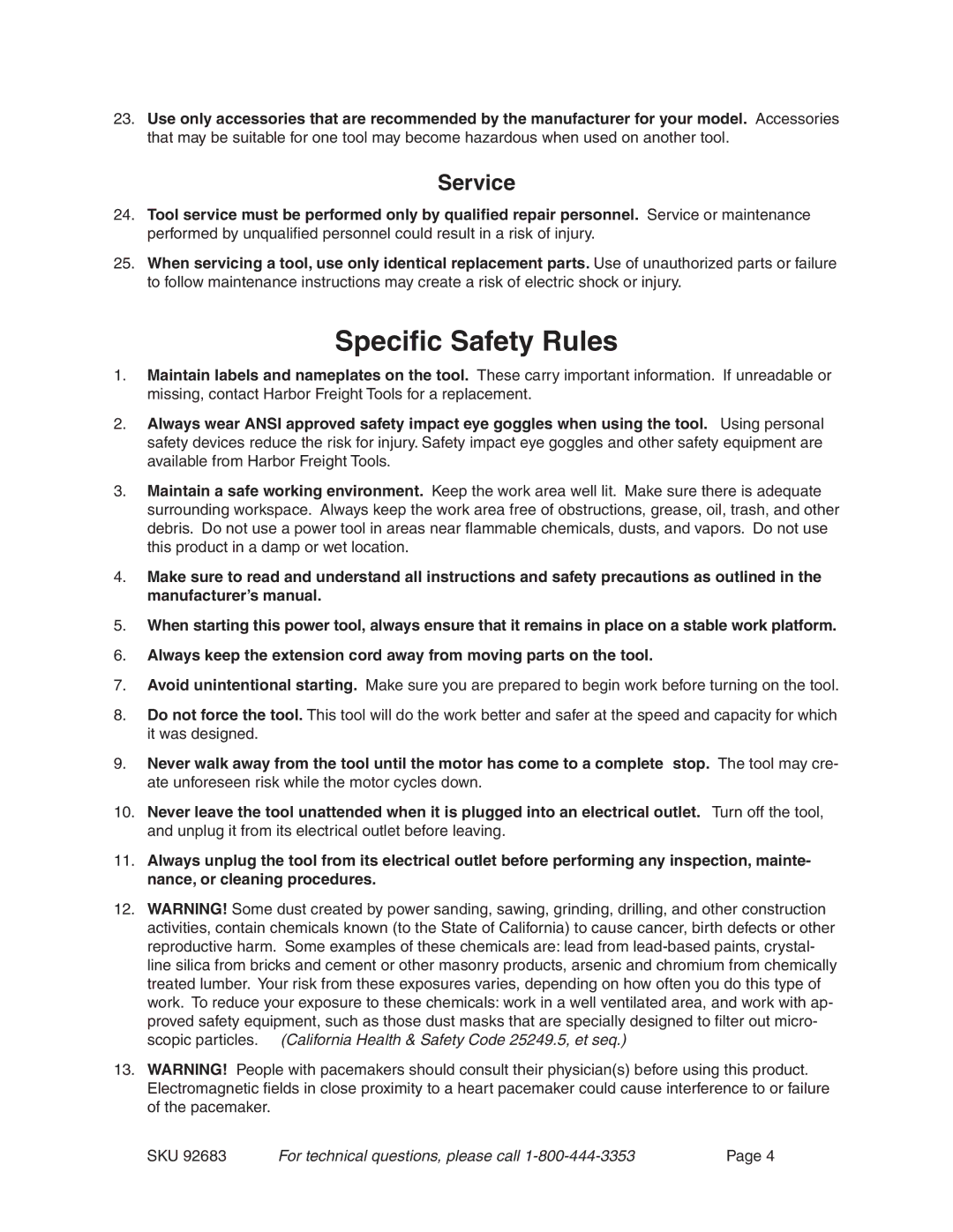 Harbor Freight Tools 92683 operating instructions Specific Safety Rules, Service 