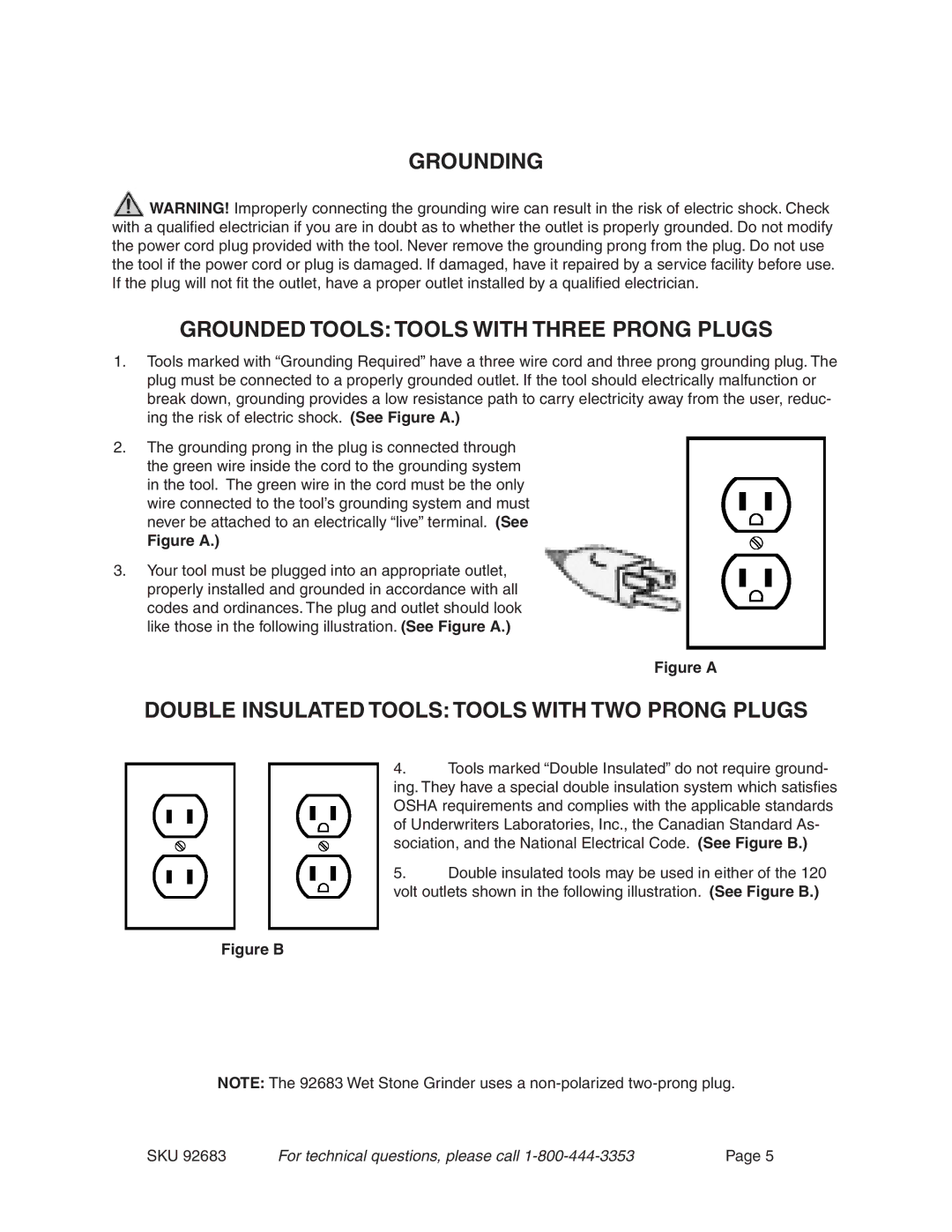 Harbor Freight Tools 92683 operating instructions Grounding Grounded Tools Tools with Three Prong Plugs 