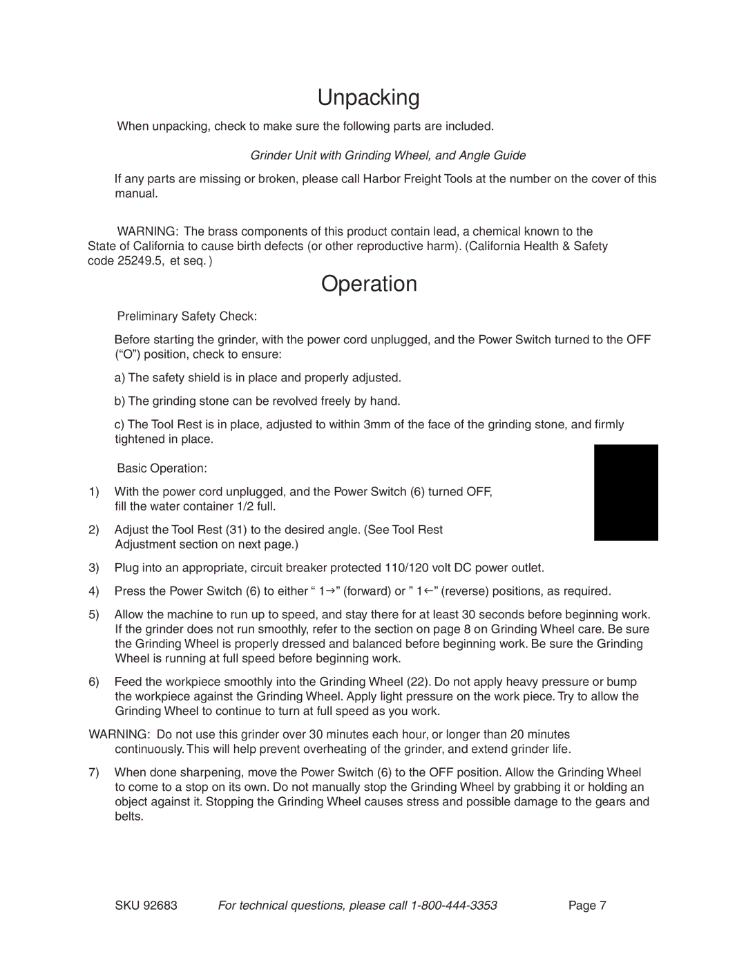 Harbor Freight Tools 92683 operating instructions Unpacking, Preliminary Safety Check, Basic Operation 