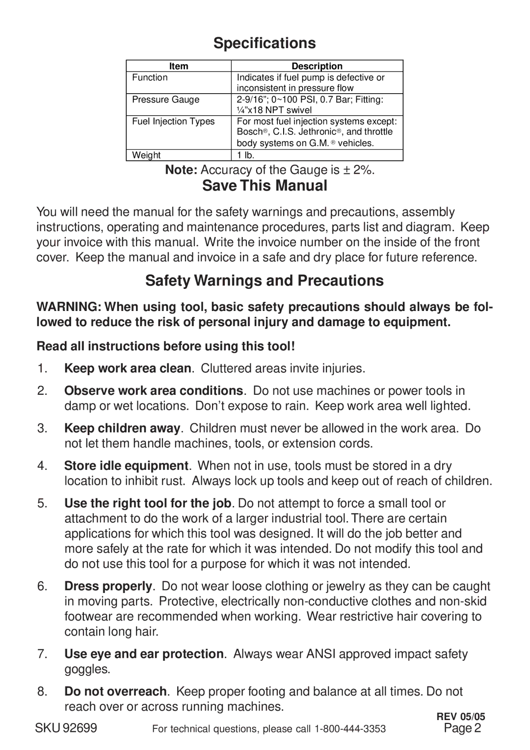 Harbor Freight Tools 92699 operating instructions Specifications, Save This Manual, Safety Warnings and Precautions 