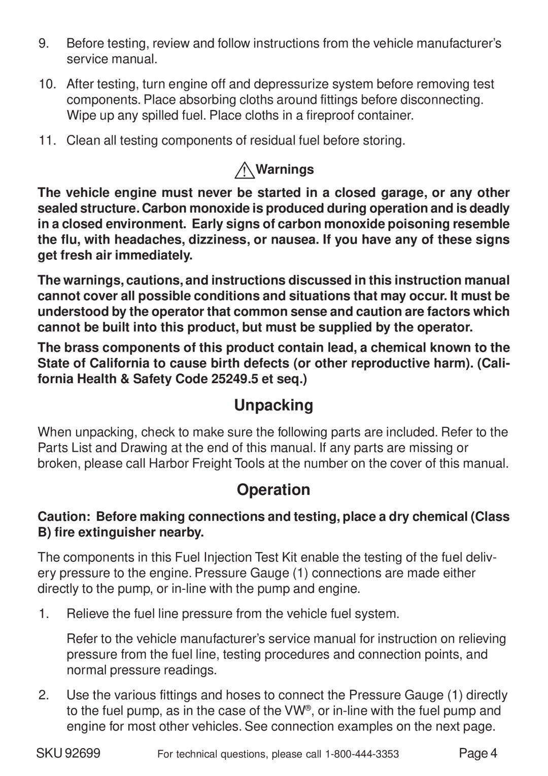 Harbor Freight Tools 92699 operating instructions Unpacking, Operation 