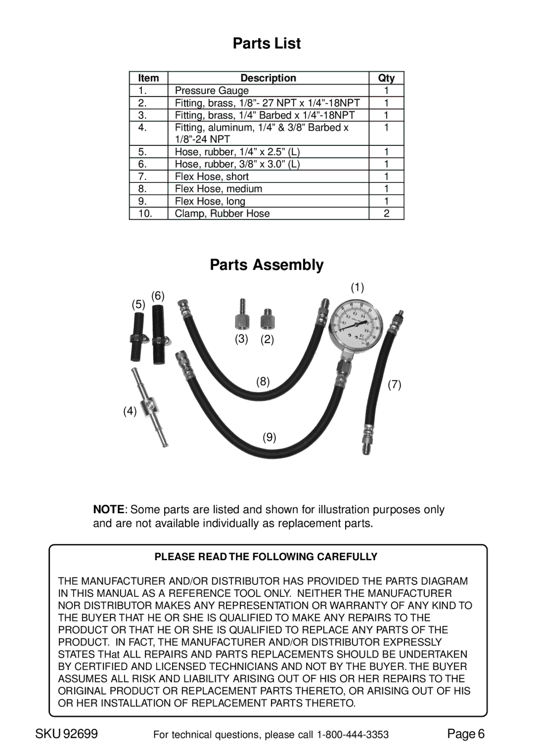 Harbor Freight Tools 92699 operating instructions Parts List, Parts Assembly 