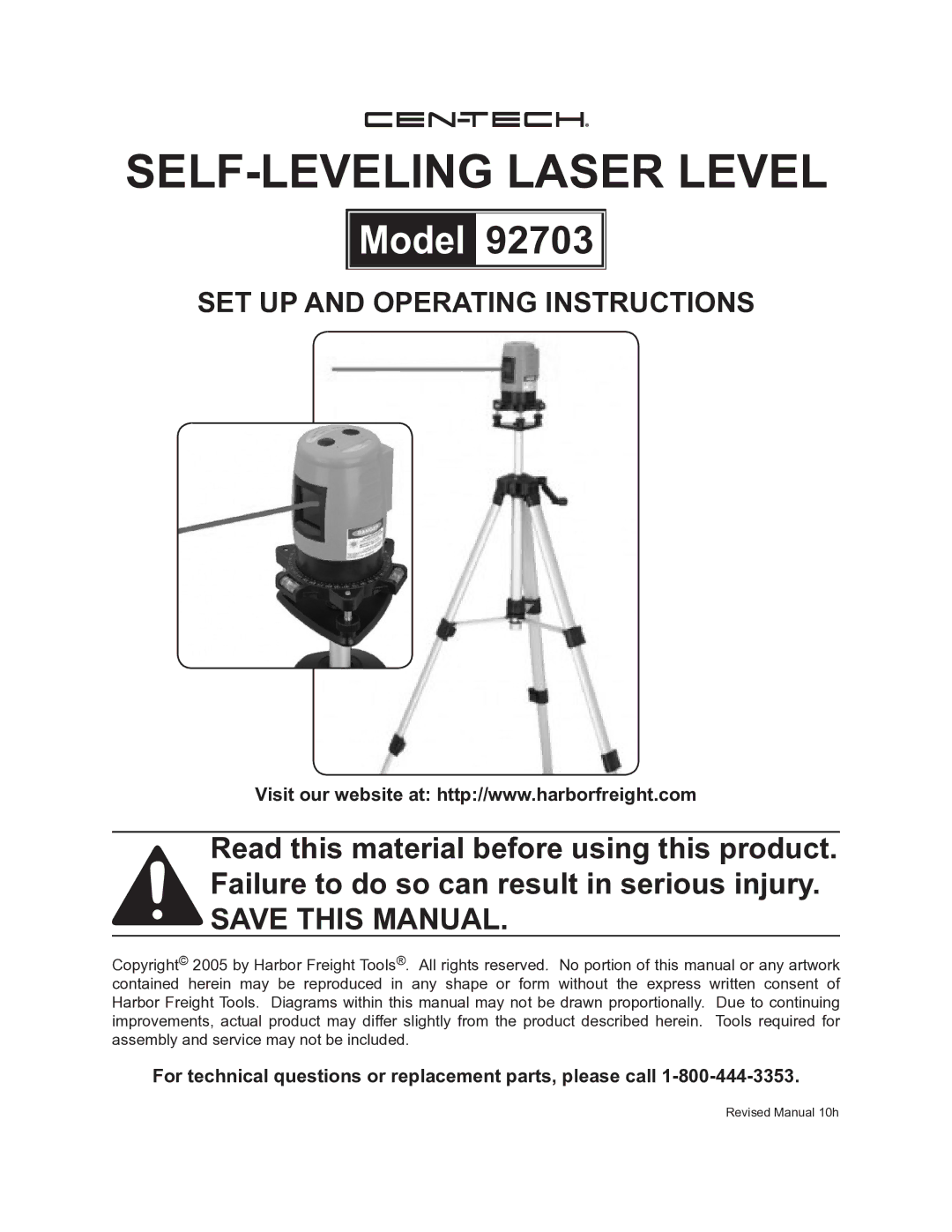 Harbor Freight Tools 92703 operating instructions Self-leveling laser level 