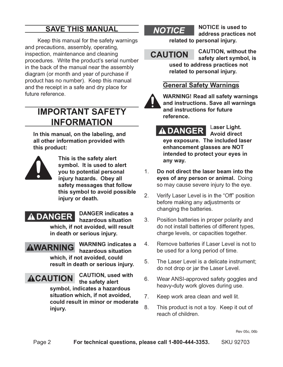 Harbor Freight Tools 92703 Save This Manual, General Safety Warnings, For technical questions, please call 