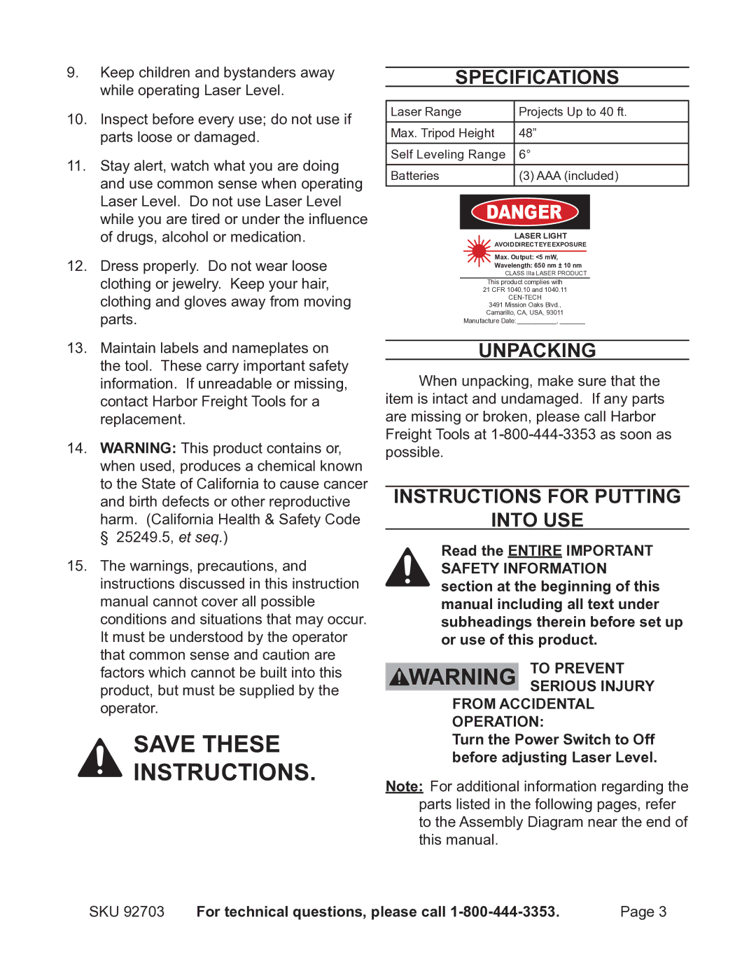 Harbor Freight Tools 92703 operating instructions Specifications, Unpacking, Instructions for putting Into use 