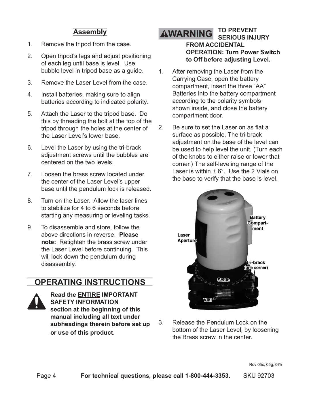 Harbor Freight Tools 92703 operating instructions Operating Instructions, Assembly 