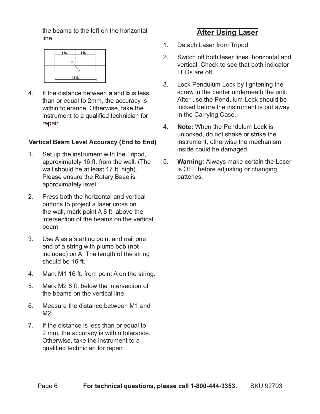 Harbor Freight Tools 92703 operating instructions After Using Laser, Vertical Beam Level Accuracy End to End 