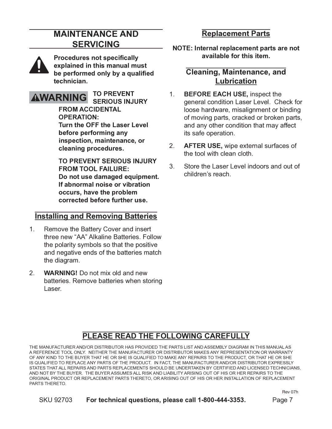 Harbor Freight Tools 92703 Maintenance Servicing, Installing and Removing Batteries, Replacement Parts 