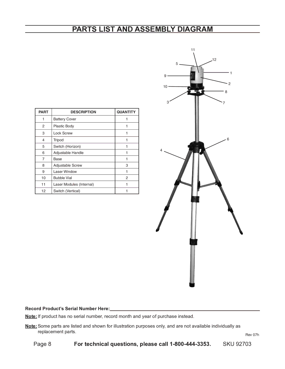 Harbor Freight Tools 92703 operating instructions Parts List ANd Assembly Diagram, Part Description Quantity 