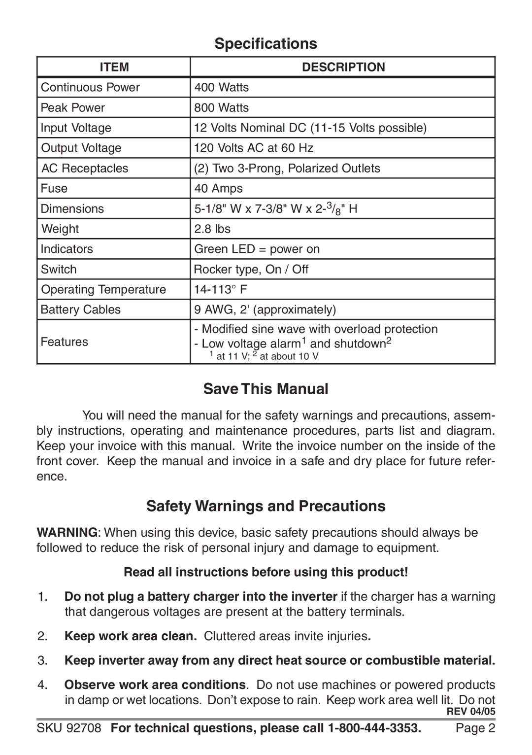 Harbor Freight Tools 92708 manual Specifications, Save This Manual, Safety Warnings and Precautions 