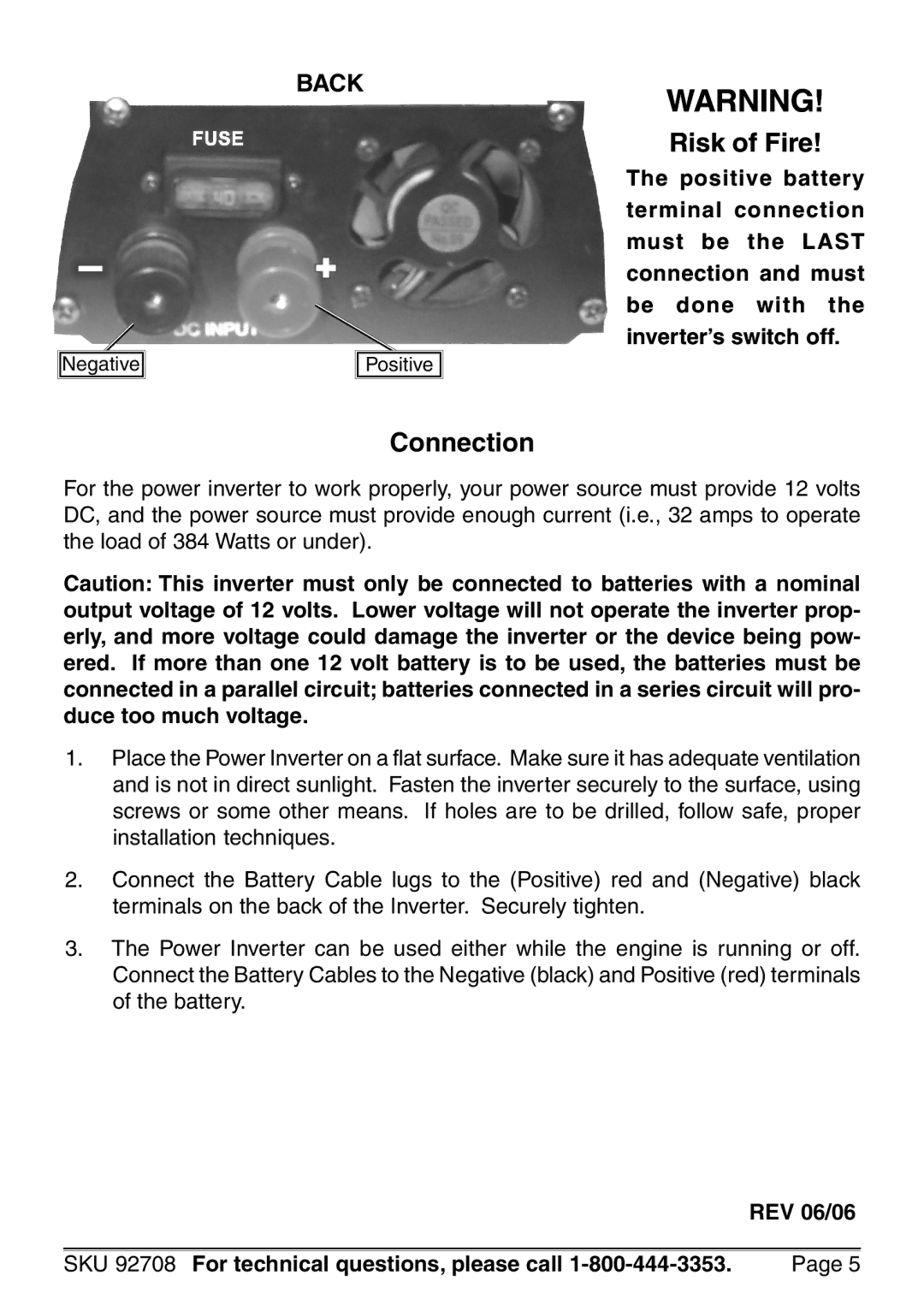 Harbor Freight Tools 92708 manual Risk of Fire, Connection 