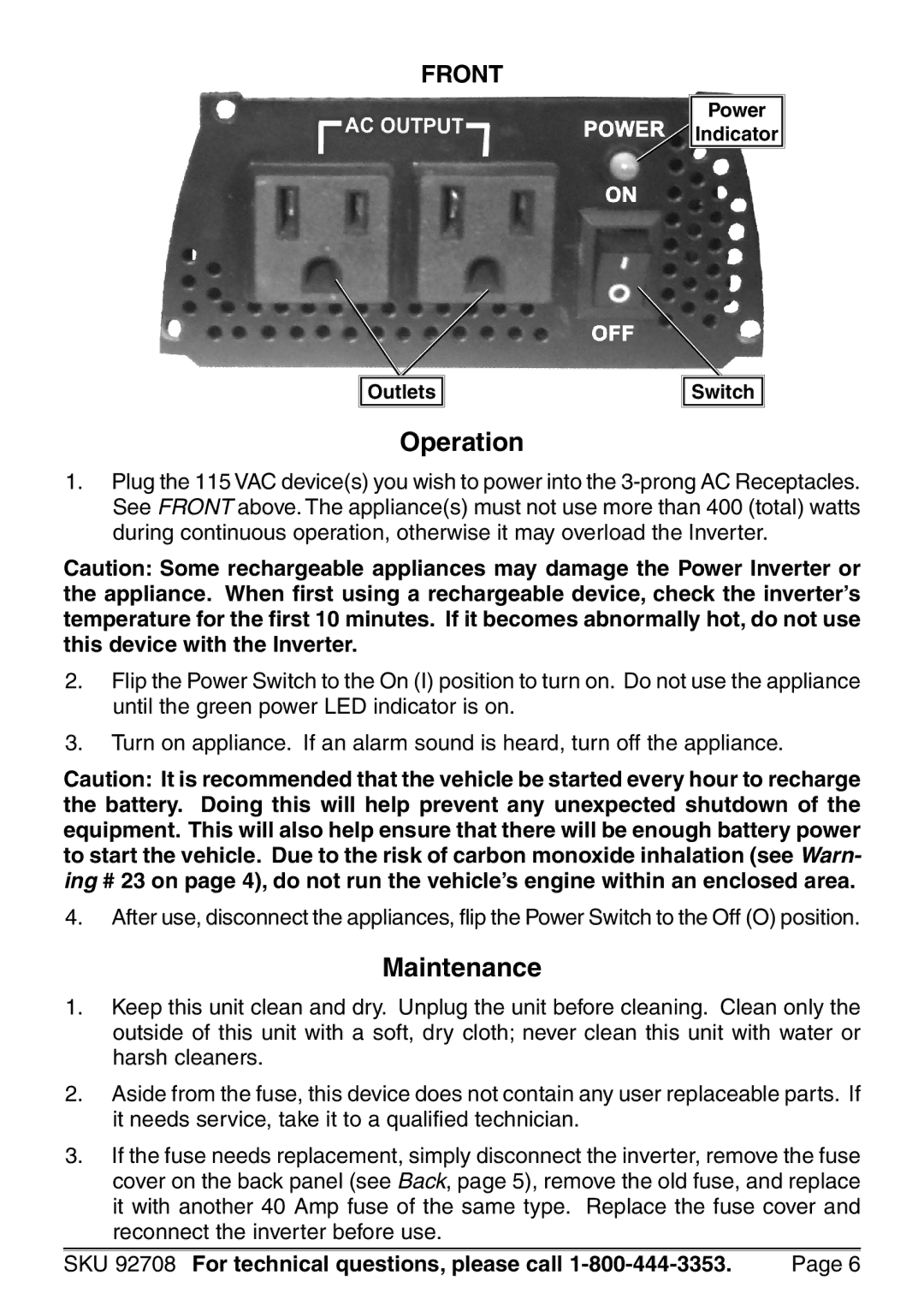 Harbor Freight Tools 92708 manual Operation, Maintenance 