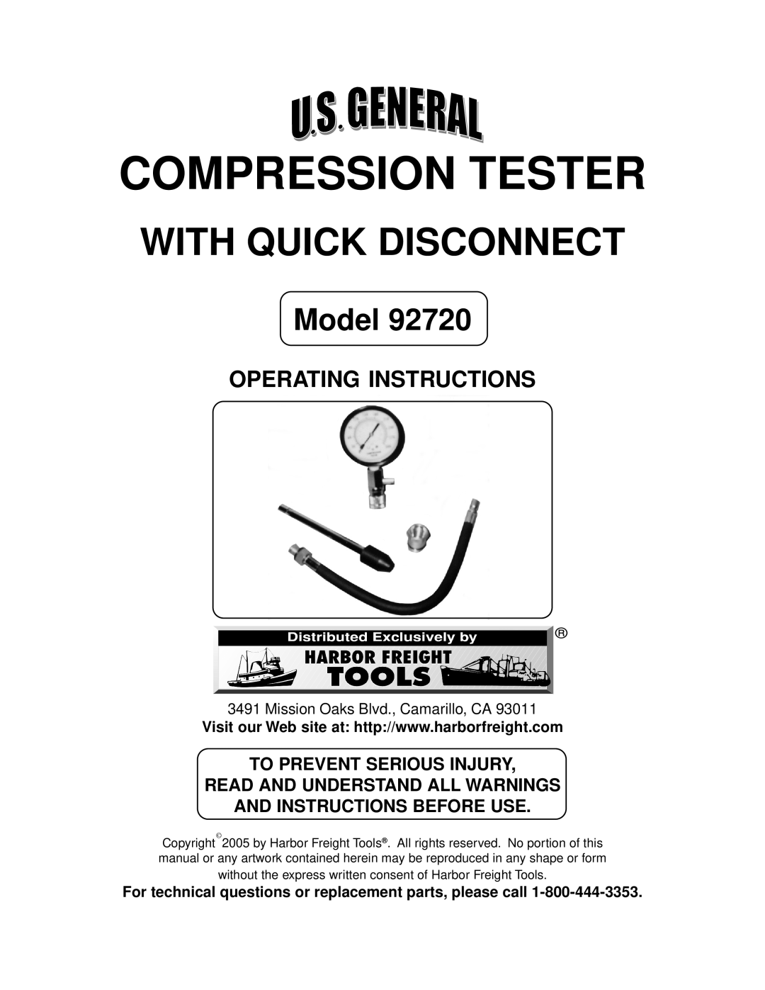 Harbor Freight Tools 92720 operating instructions Compression Tester 