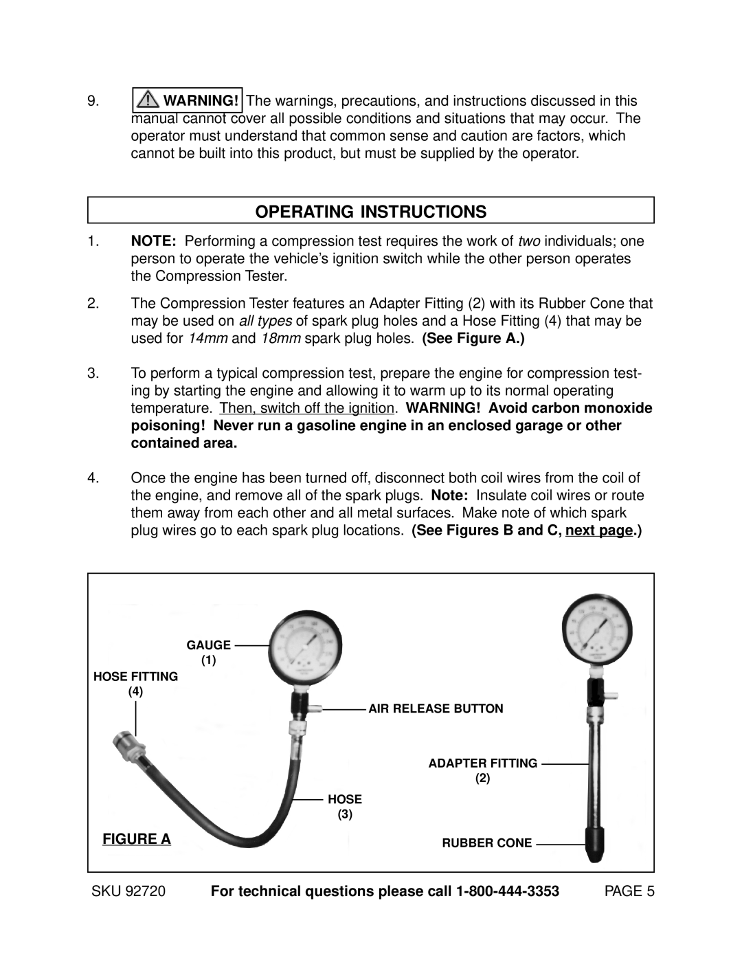 Harbor Freight Tools Operating Instructions, SKU 92720 For technical questions please call 1-800-444-3353 