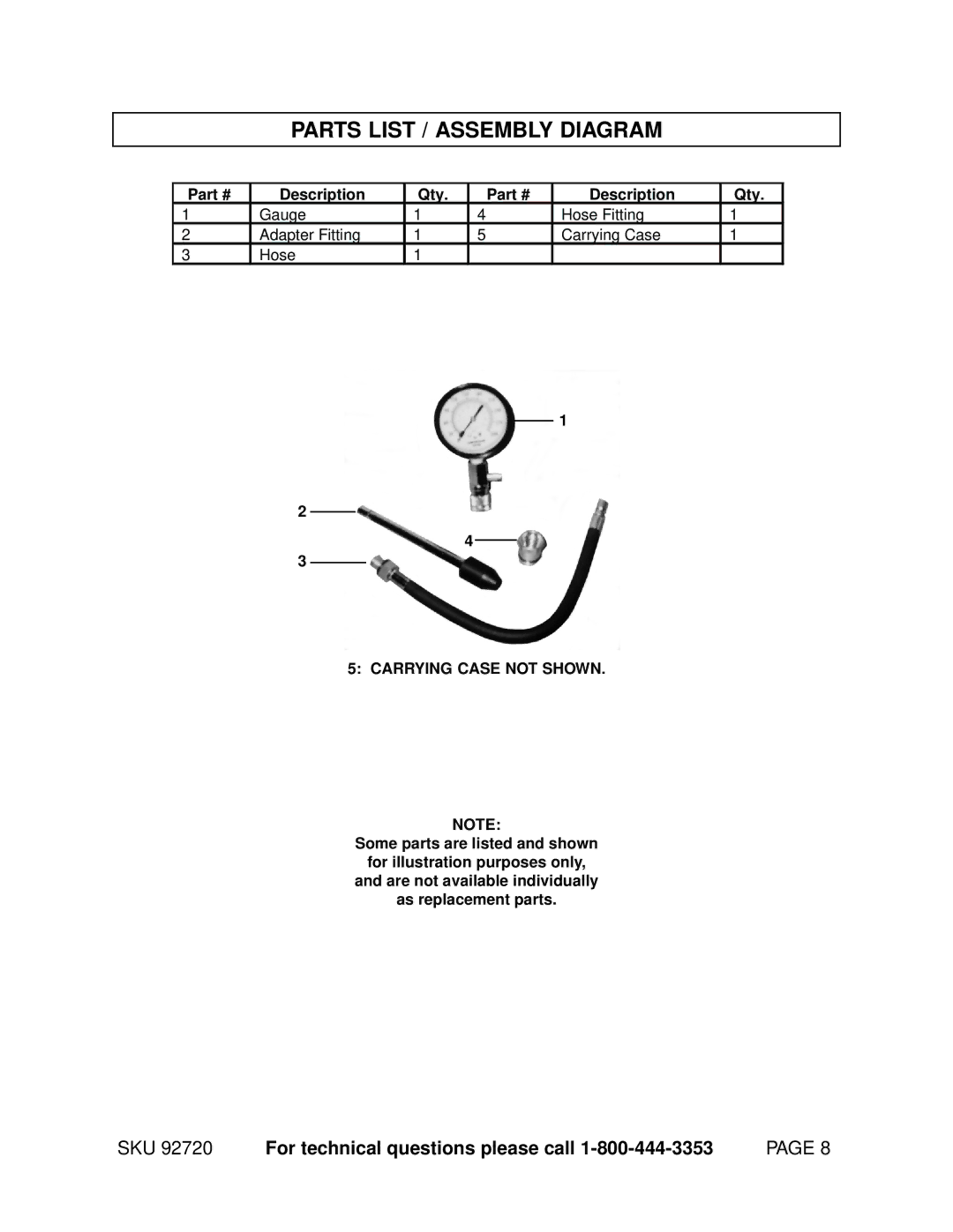 Harbor Freight Tools 92720 operating instructions Parts List / Assembly Diagram, Carrying Case not Shown 