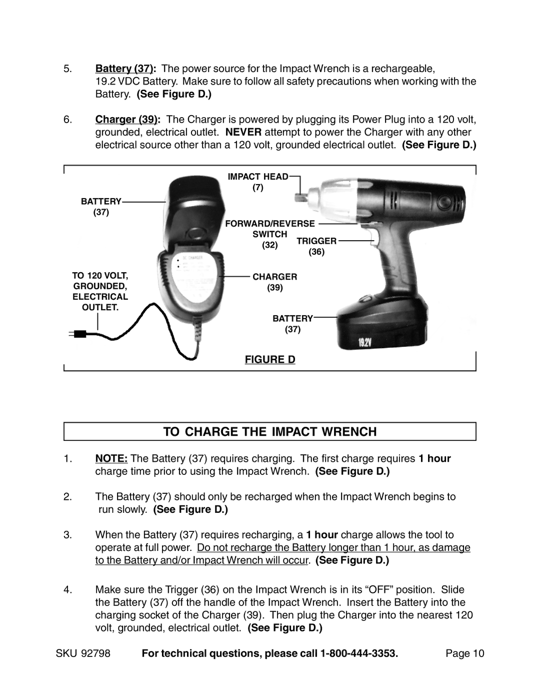 Harbor Freight Tools 92798 operating instructions To Charge the Impact Wrench, Figure D 