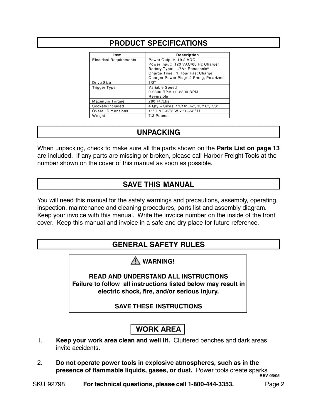 Harbor Freight Tools 92798 Product Specifications, Unpacking, Save this Manual, General Safety Rules, Work Area 