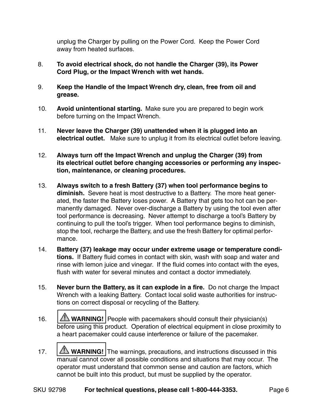 Harbor Freight Tools 92798 operating instructions SKU For technical questions, please call 