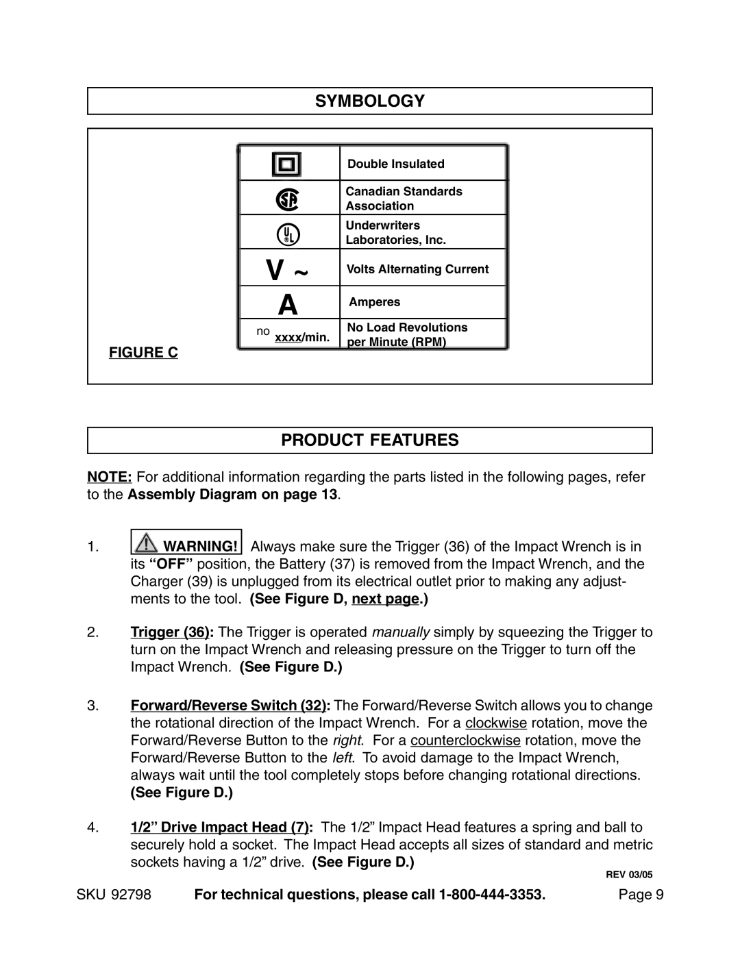 Harbor Freight Tools 92798 operating instructions Symbology, Product Features, See Figure D 