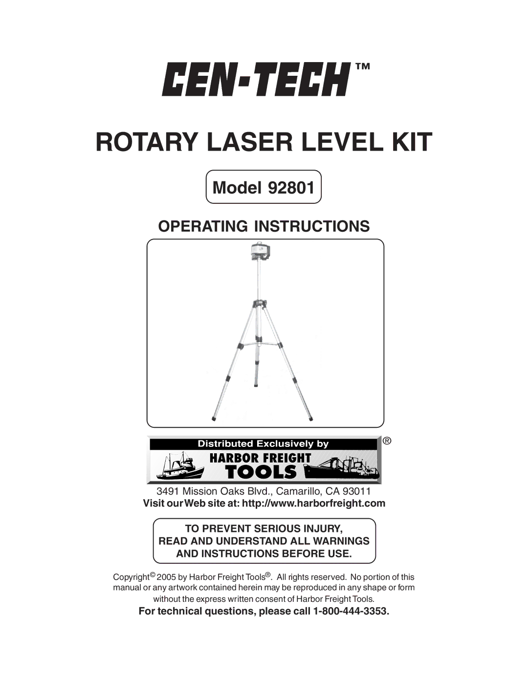 Harbor Freight Tools 92801 operating instructions Rotary Laser Level KIT, For technical questions, please call 