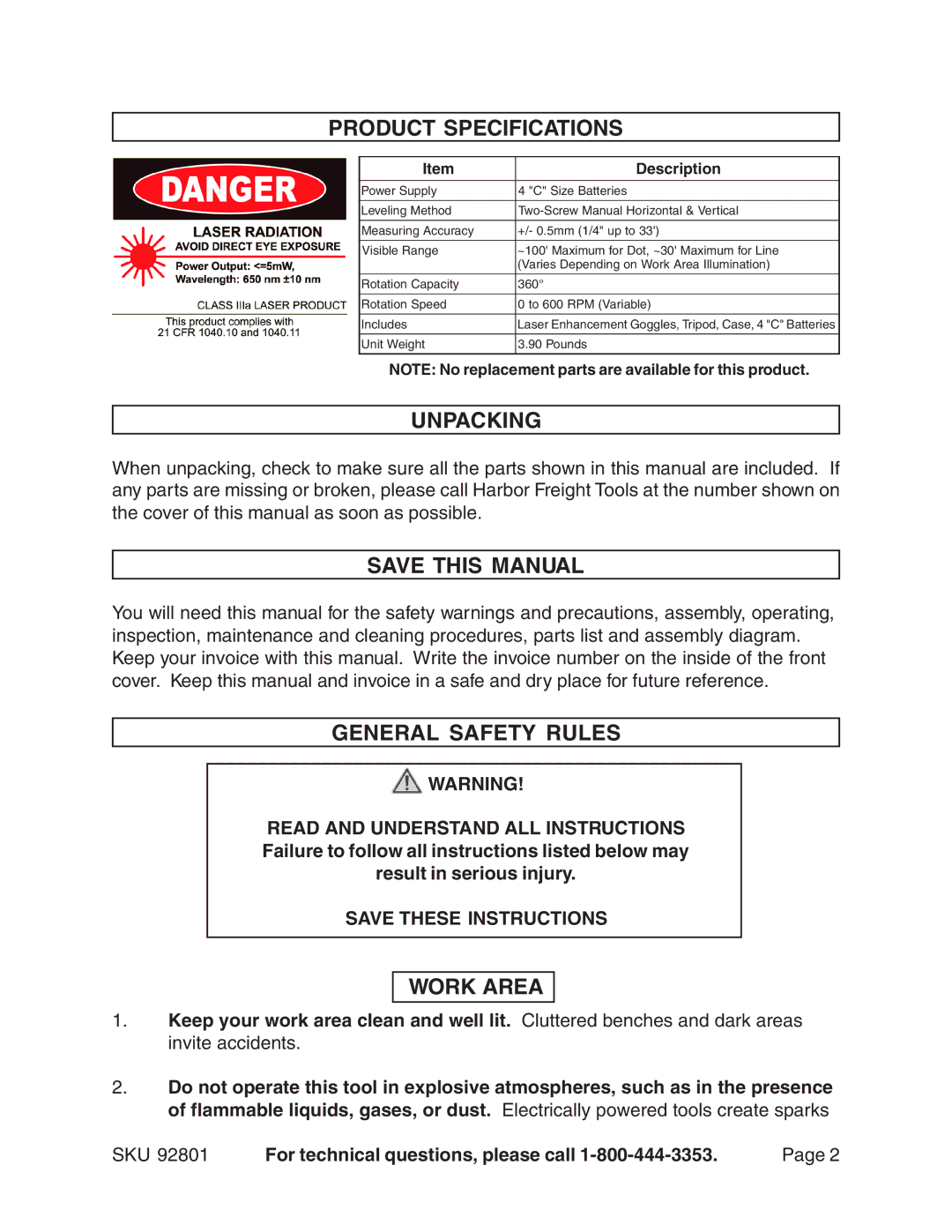 Harbor Freight Tools 92801 Product Specifications, Unpacking, Save this Manual, General Safety Rules, Work Area 