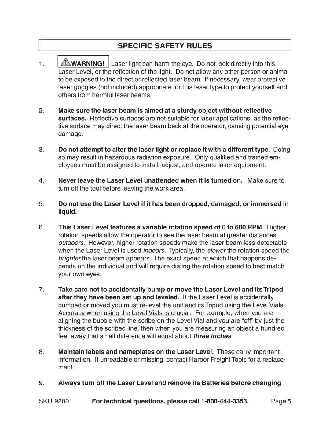 Harbor Freight Tools 92801 operating instructions Specific Safety Rules 