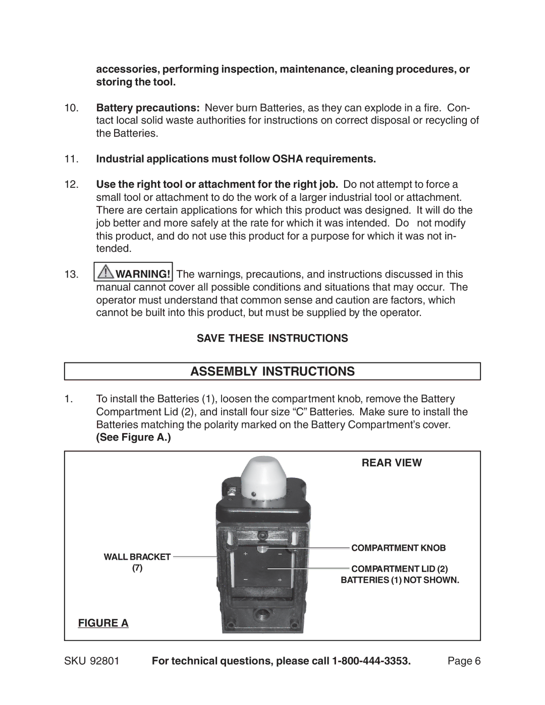 Harbor Freight Tools 92801 Assembly Instructions, Industrial applications must follow Osha requirements, See Figure a 