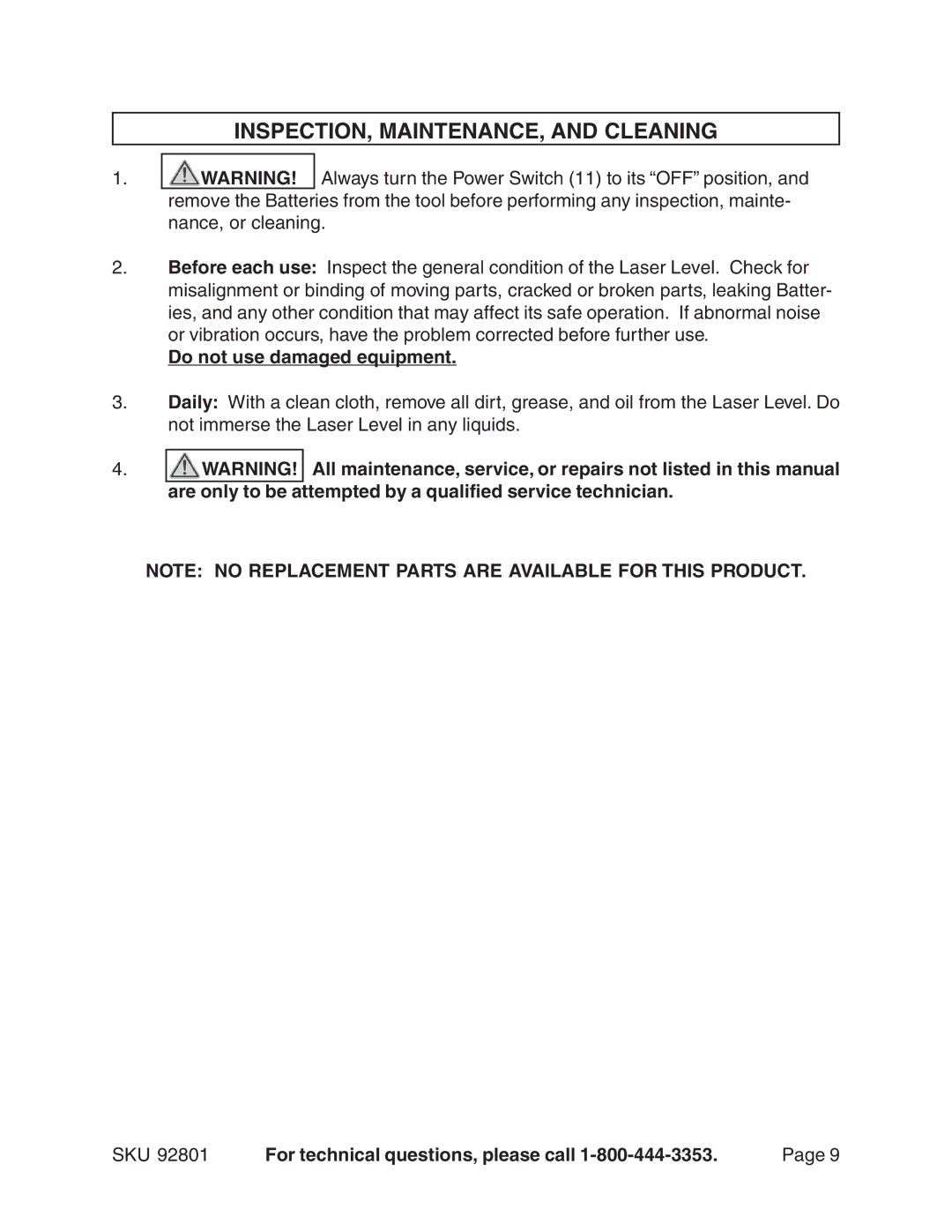 Harbor Freight Tools 92801 operating instructions INSPECTION, MAINTENANCE, and Cleaning, Do not use damaged equipment 