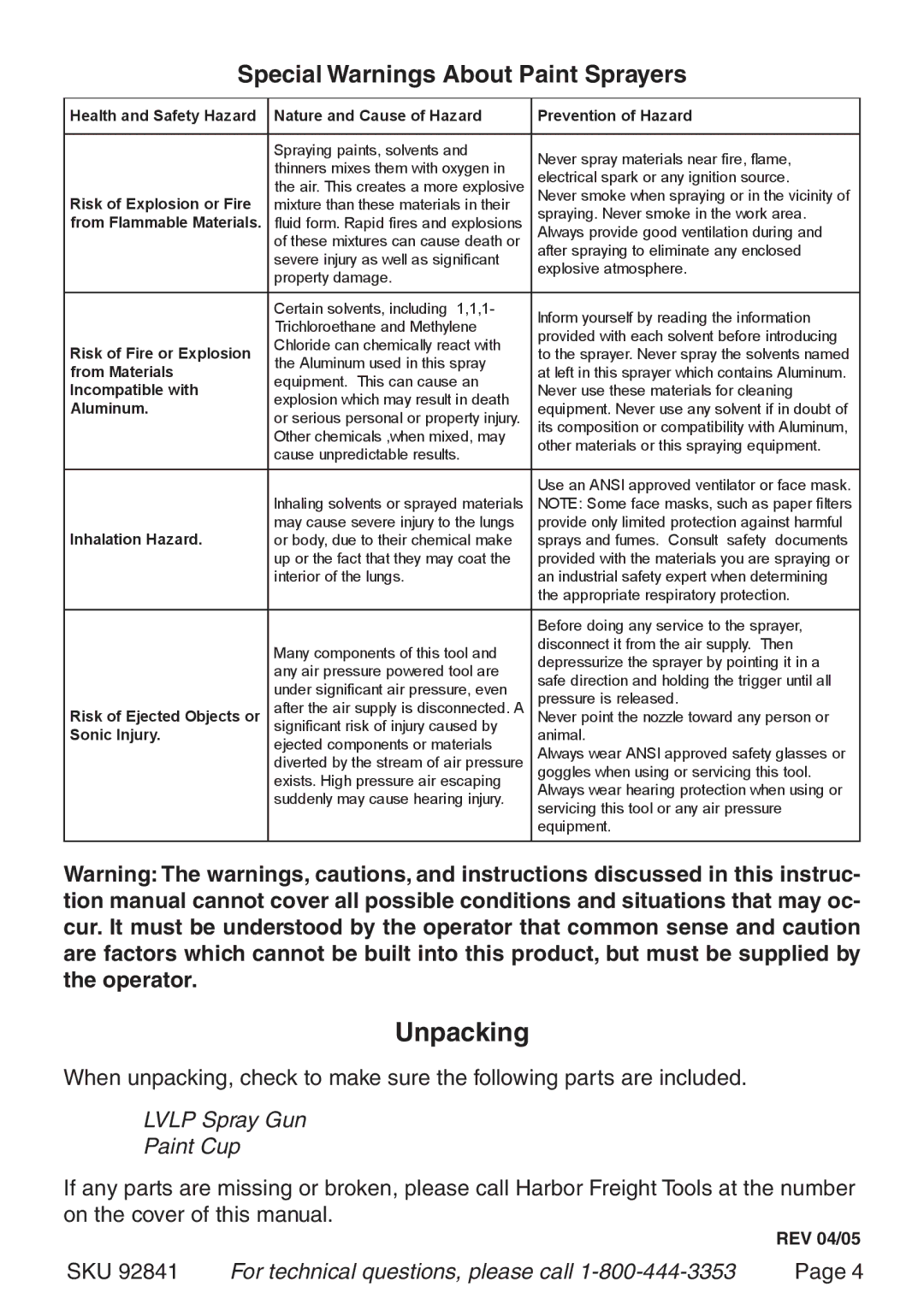 Harbor Freight Tools 92841 operating instructions Unpacking, Special Warnings About Paint Sprayers 
